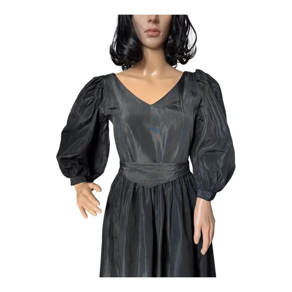 1980s Laura Ashley Black Puff Sleeve Midi Dress Ireland Small